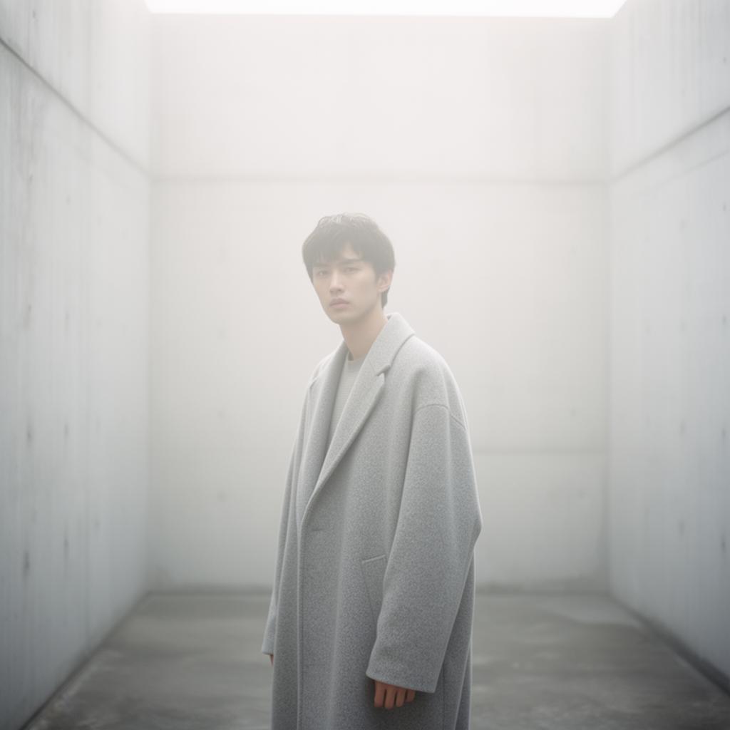 A man in a light gray oversized wool coat in a fog-filled concrete space